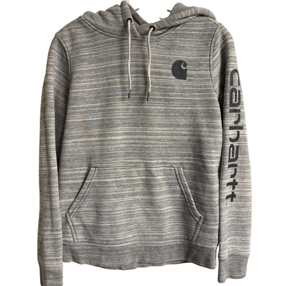 Carhartt Womens Relaxed Fit Space Dye Hoodie Grey Logo Sleeve Small S 4-6